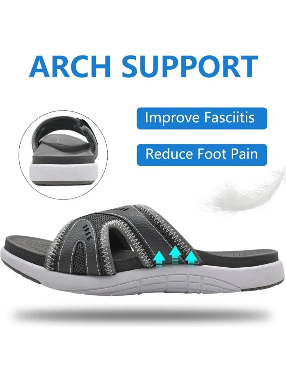 Men's Grey Sport Recovery Sandals Plantar Fasciitis Soft Cushion Lightweight